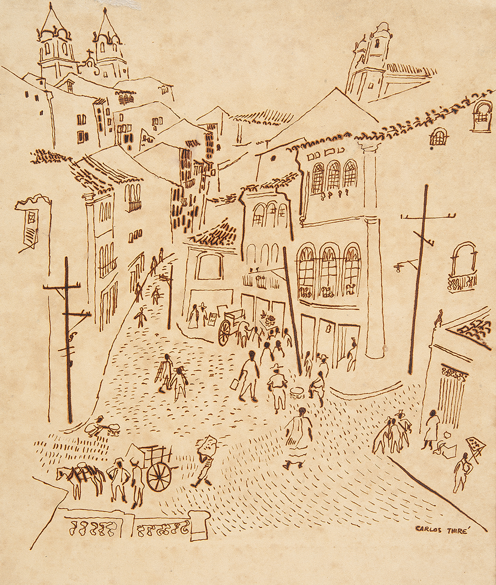 CARLOS ARTUR THIRÉ - “Cena de rua” Desenho a caneta sobre cartão, Ass. inf. dir, 22,3 x 22,3 cm. - Sem moldura.