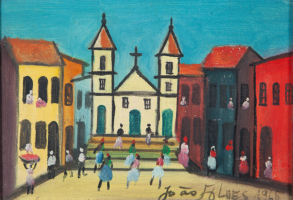 JOÃO ALVES - “Igreja” Óleo sobre tela, Ass.dat.1965 inf.dir, ass.dat. no verso, 19 x 27 cm.